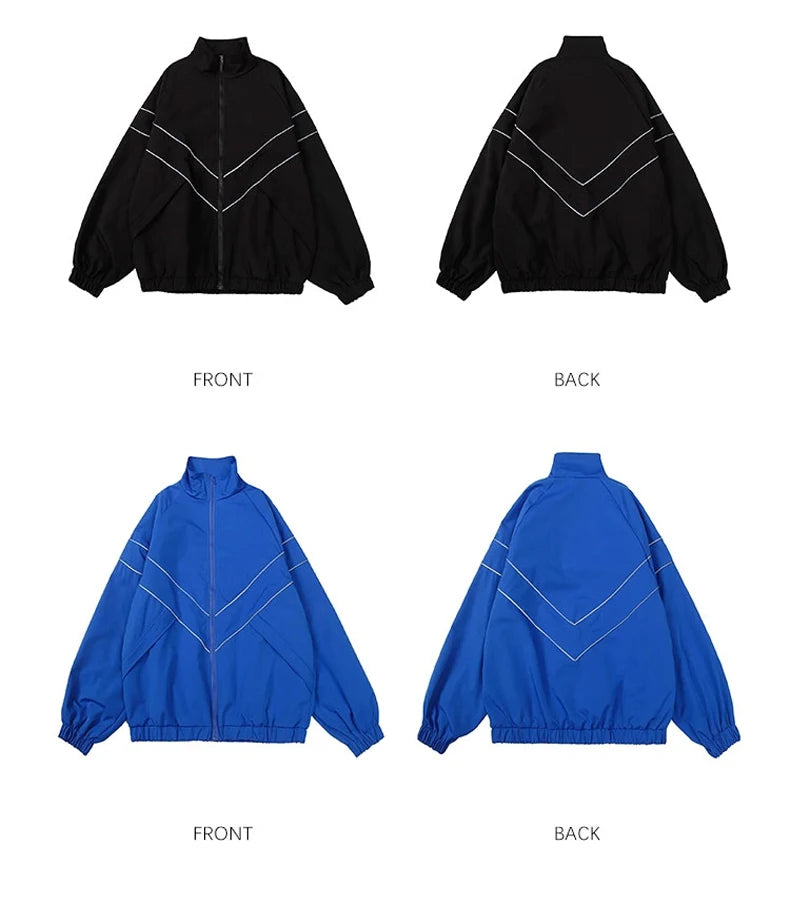 Reflective Striped Jacket Windbreaker Coat 2024 Men Hip Hop Streetwear Zipper Up Jacket Harajuku Thin Coats Sports Black Blue