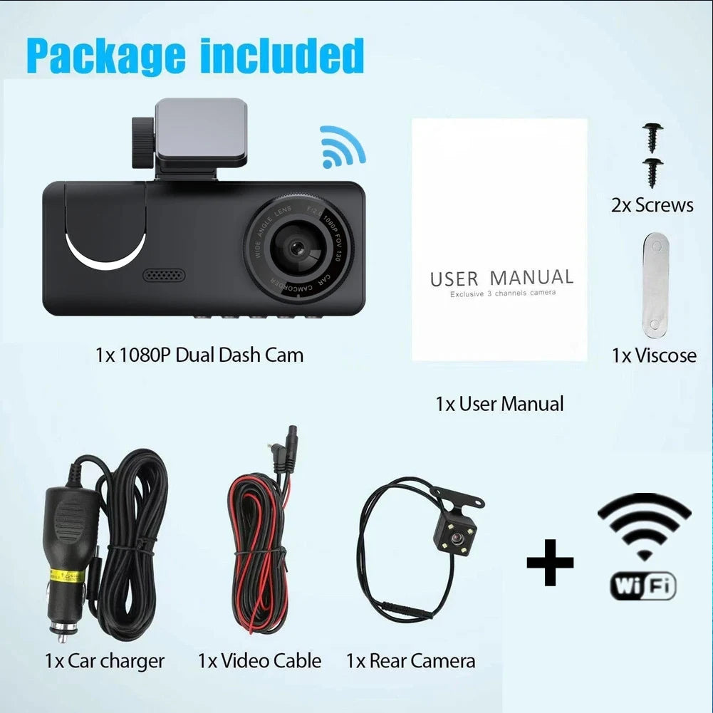 1080P WiFi Dash Cam HD Car DVR with 2 Inch IPS Screen Triple Lens Video Recorder for Front Rear Inside Parking Monitoring