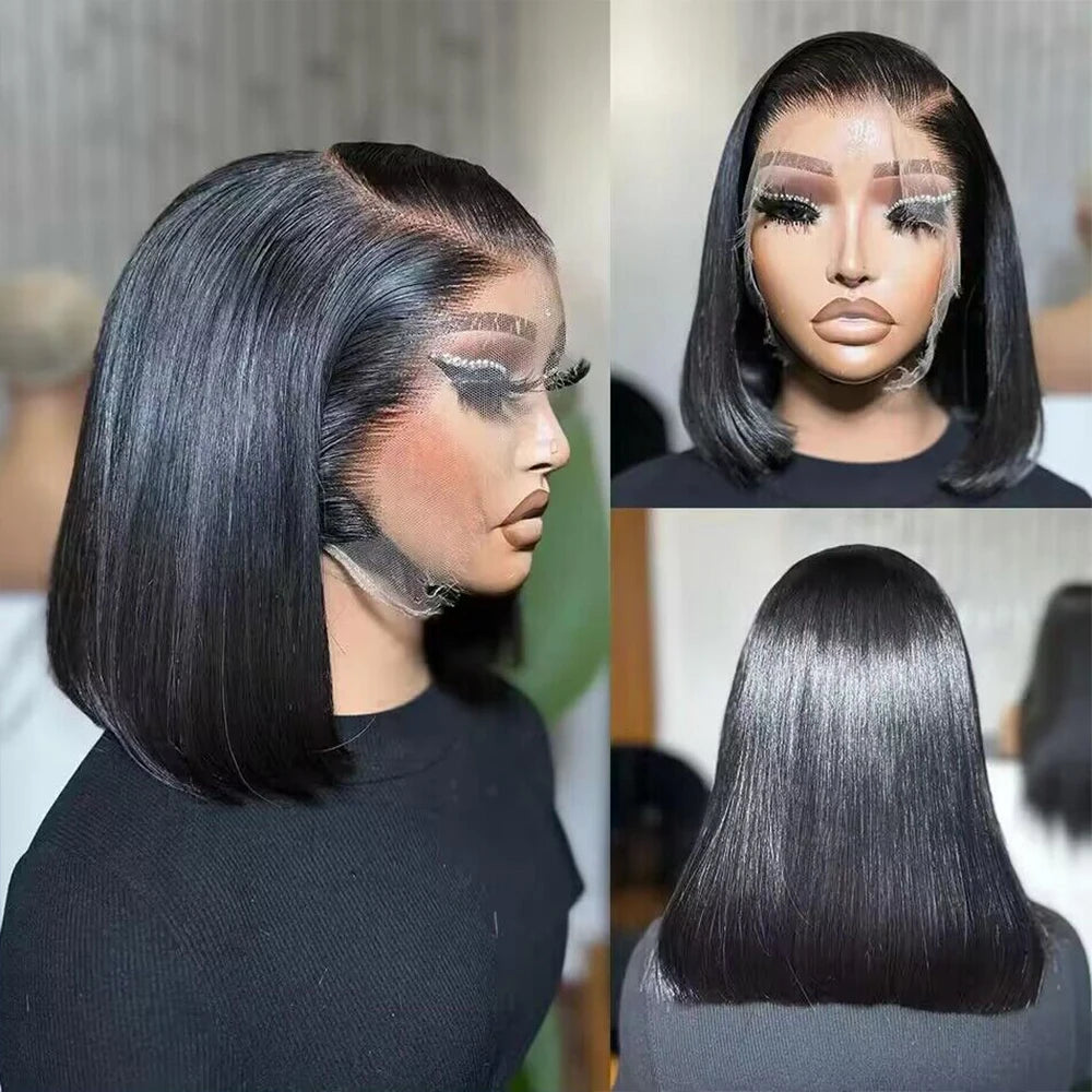 200 Percent Density 13x4 Short Bob Straight Brazilian Remy Hair HD Transparent Lace Full Lace Frontal Wigs 100 Percent Human Hair for Women