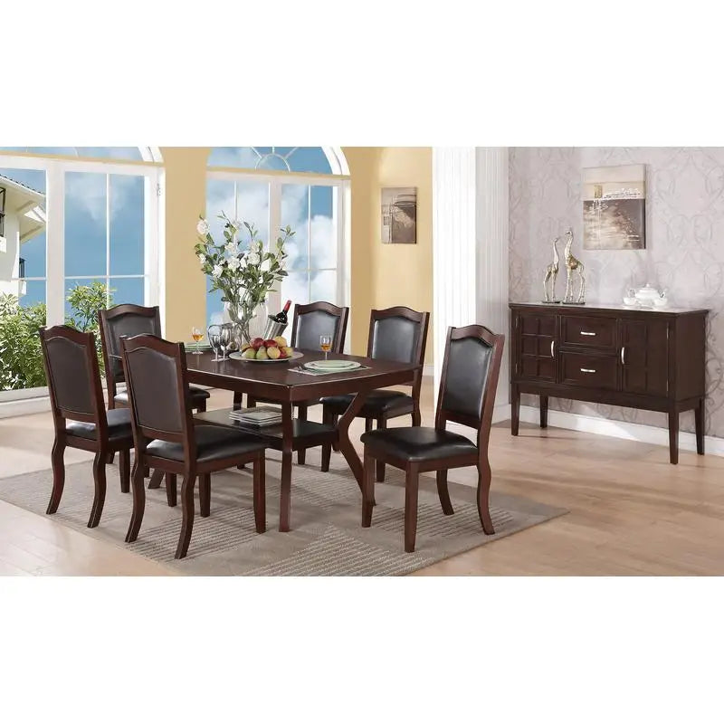 7pc Formal Dining Set with Solid Wood Table, Shelve & 6 Chairs in Espresso Finish