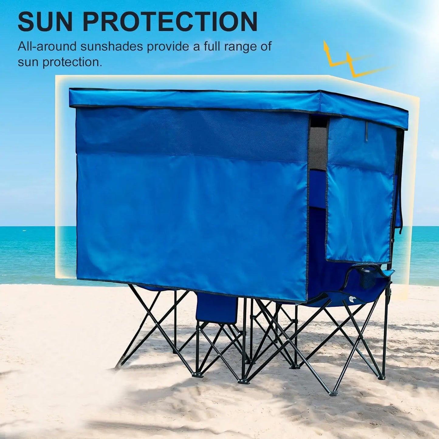 Double Beach Chair with Canopy Shade Heavy Duty Camping Chairs with Cup Holder Folding Loveseat for Outside Lawn