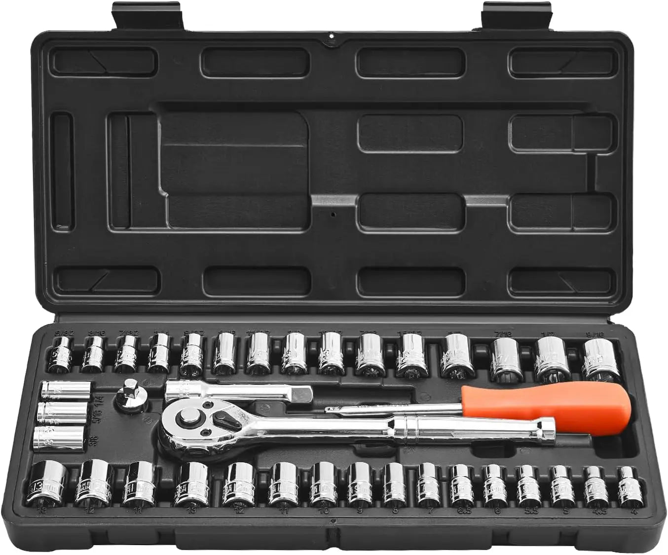 Multiple-Piece Mechanic Tool Set: 1/4', 3/8', 1/2' Drive Sockets, SAE/Metric, Bits, Wrenches, Storage Case