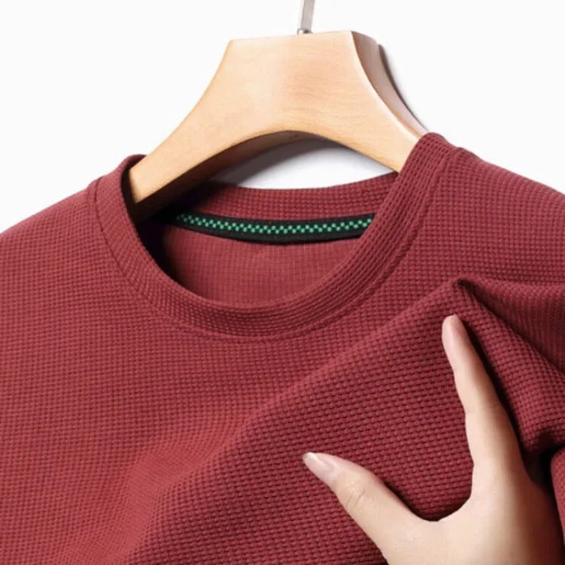 New Summer Waffle Round Neck Short Sleeved T Shirt for Men Casual Top