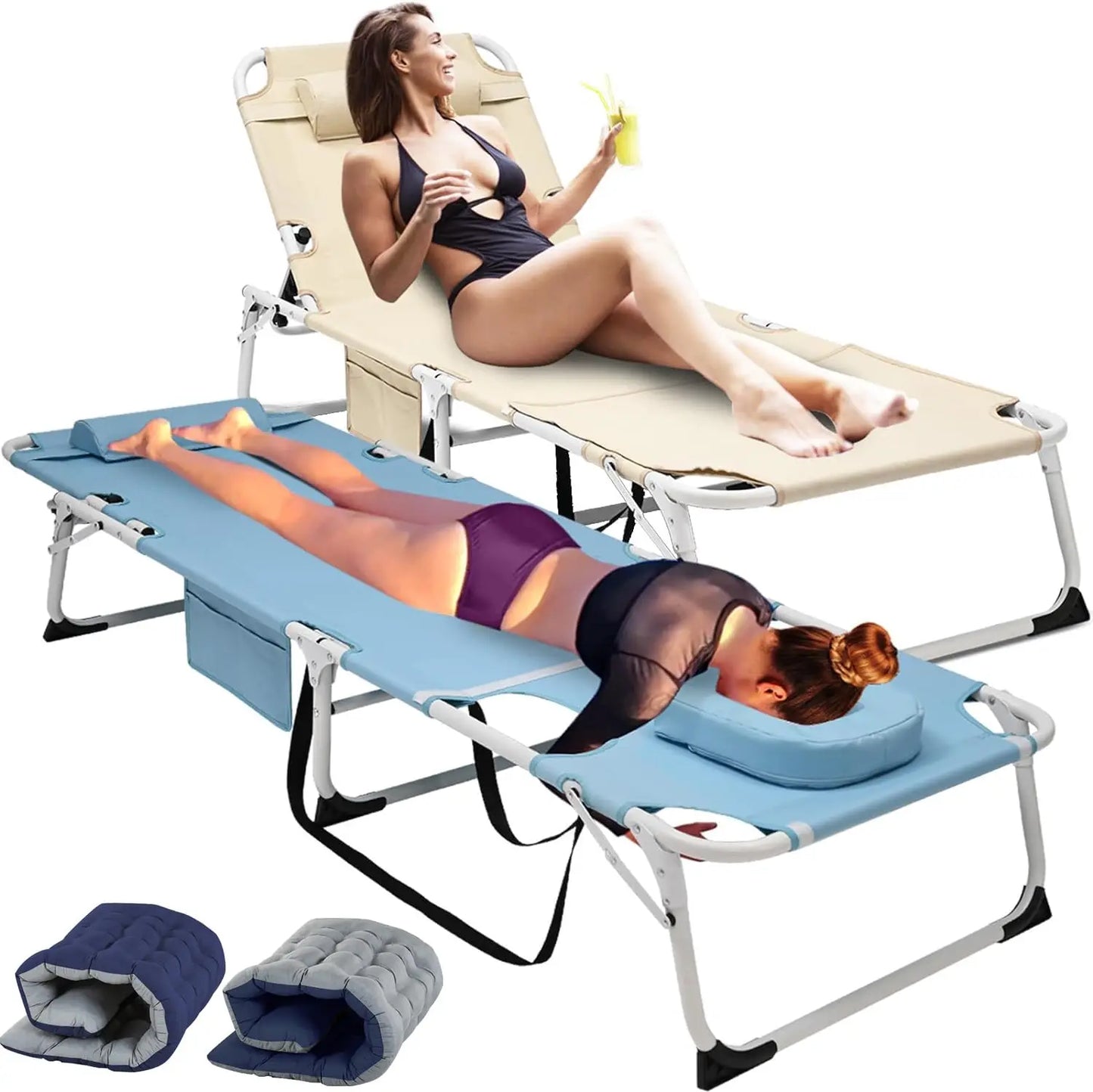 Tanning Chair, Heavy Duty Folding Beach Lounger with Face Arm Hole, Adjustable 5-Position Patio Chaise Lounge, Customized