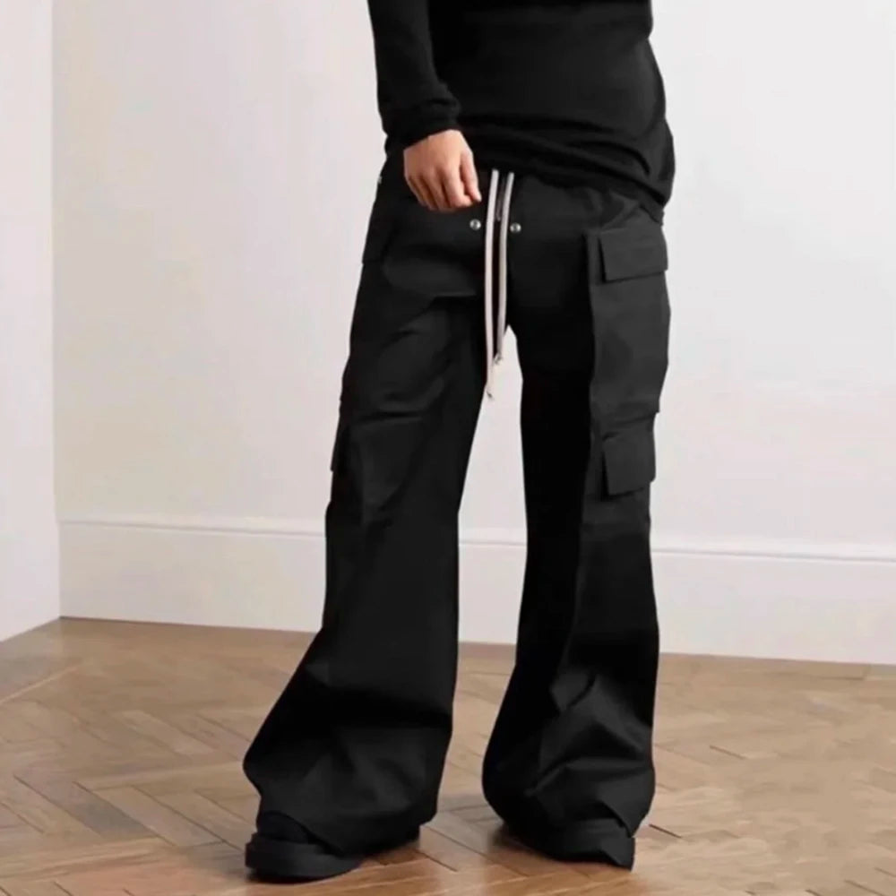 Ro Style Wide Leg Drawstring Black Cargo Pants Unisex Casual Streetwear