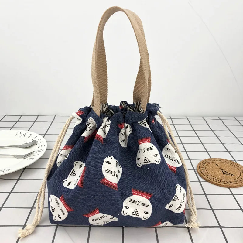 Japanese Cute Bento Bag Tote Canvas Lunch Bag Cartoon Anime Drawstring Bag Foldable for Two Lunch Boxes