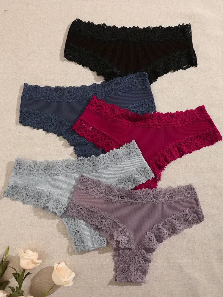 5 Pcs Set Women Cotton Floral Lace Intimate Underwear Trendy Patchwork Lace Briefs Soft Lingerie S-XL