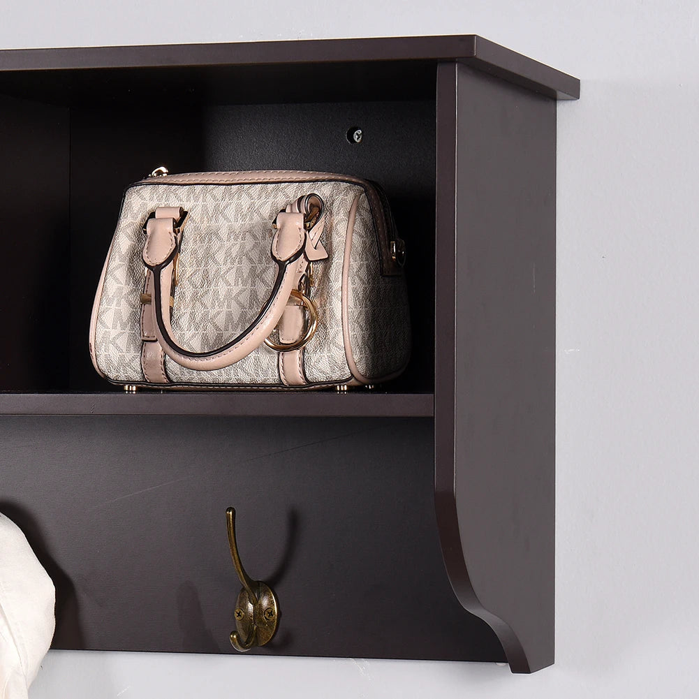 Wall-Mounted Coat Hooks With Storage Shelf & 4 Dual Hooks Rustic Wood Hanging Coat Rack For Kitchen, Bathroom, Entryway