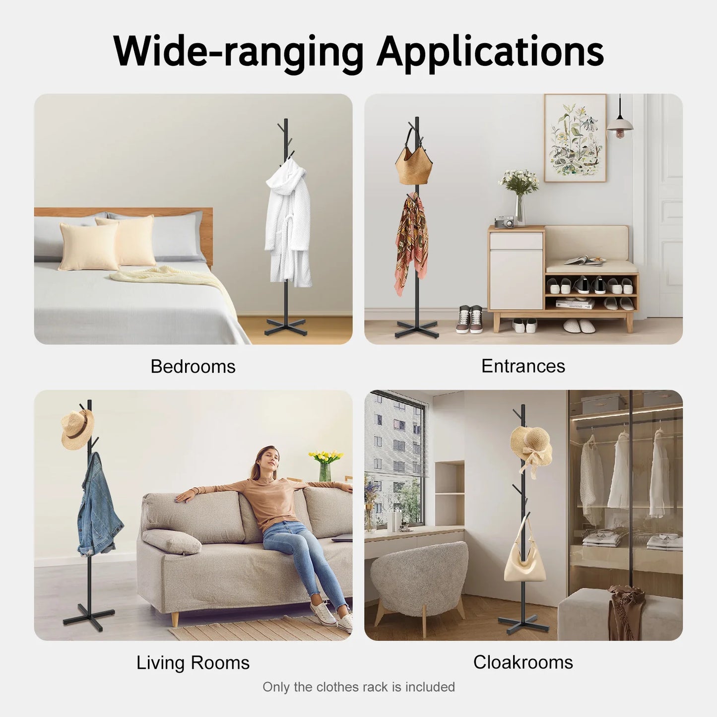 Black Metal Coat Rack Tree-Shaped Vertical 7 Hook Floor Standing Hanger Storage Rack Clothes Hat Scarf Holder for Entrance Foyer