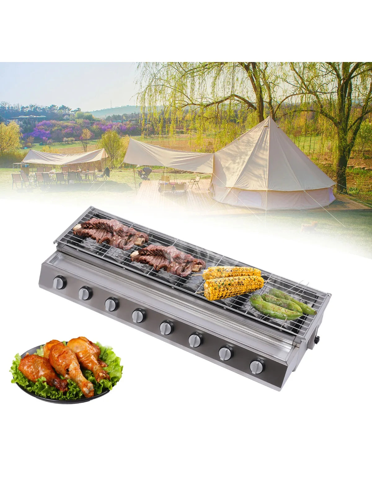 8 Burner Gas Grill Outdoor Tabletop Gas BBQ Grill Commercial Stainless Steel Gas Grill for Camping Picnicking