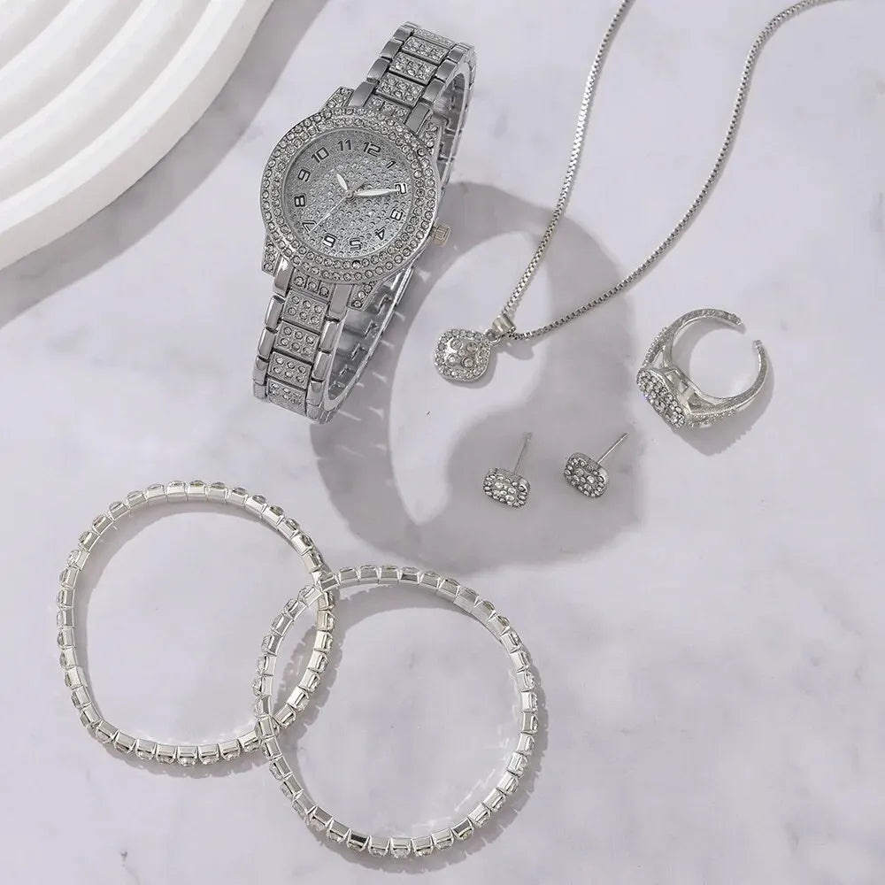 6PCS Women Luxury Elegant Alloy Watch Crystal Wristwatch for Ladies Gift Quartz Rhinestone Bracelet