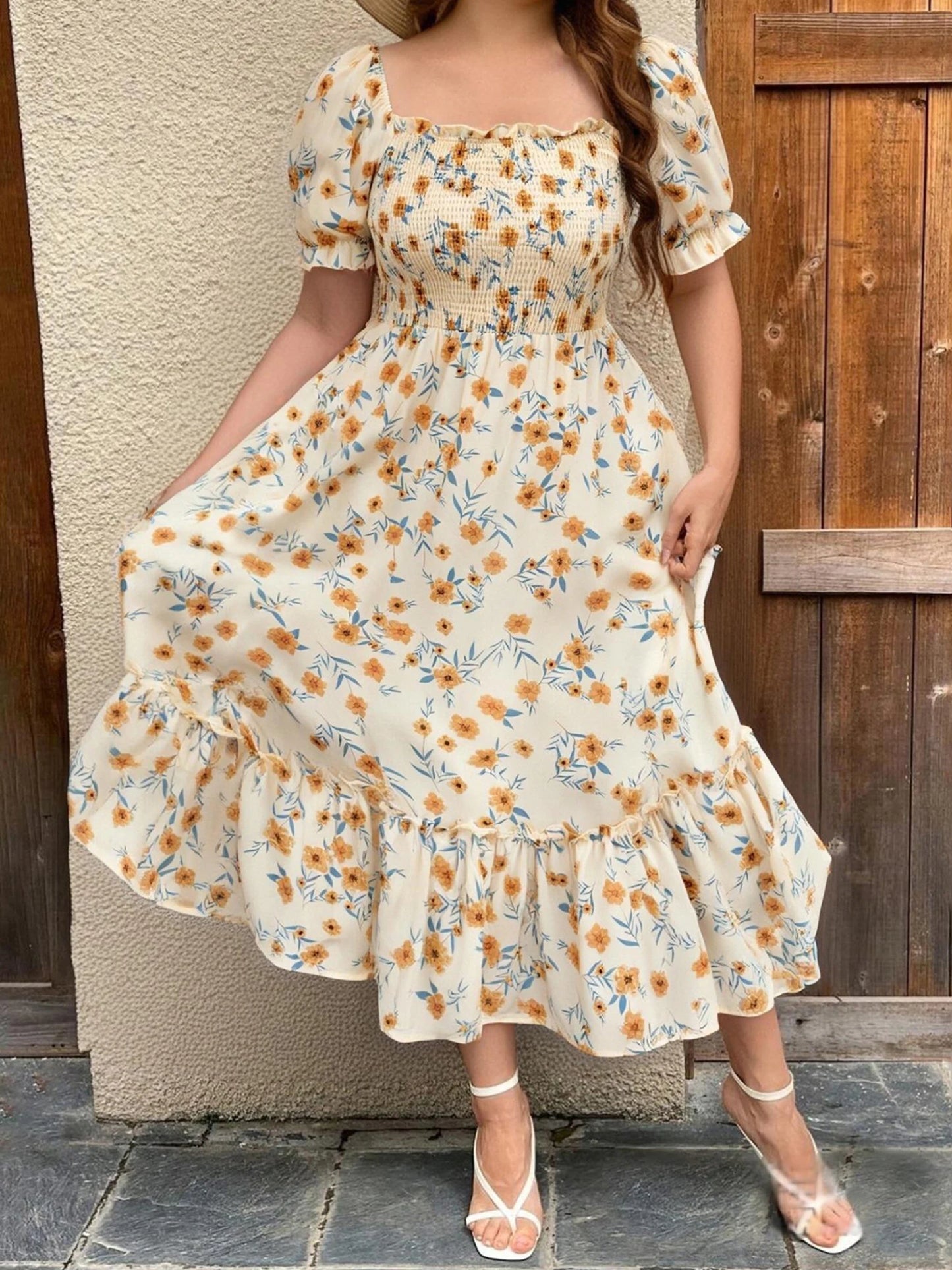 Elegant Plus Size Maxi Dress with V Neck and Ruffle Sleeves for Summer Parties and Special Occasions