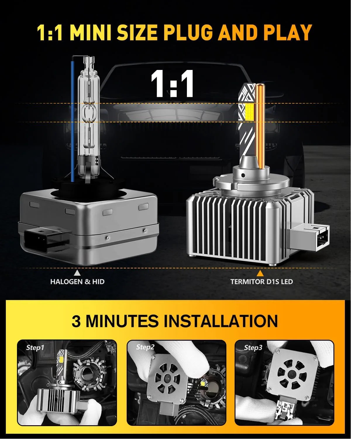 TERMITOR Pack of 2  D1S D1R LED Bulbs, 36,000LM 900% Brightness, 6500K Cool White, 1:1 D1S HID