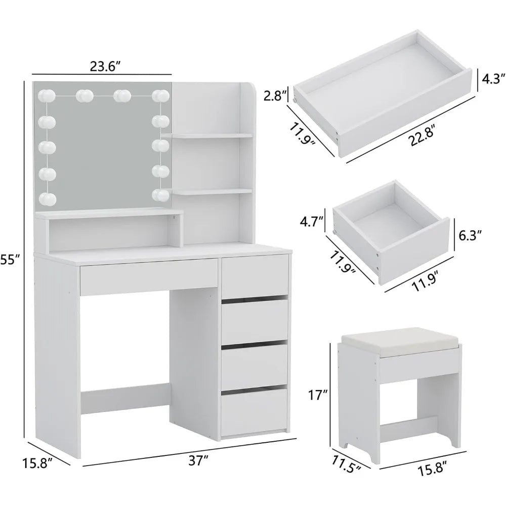 37 Inch White Vanity Desk with Lights and Adjustable Brightness Vanity Mirror Set with 5 Drawers for Bedroom