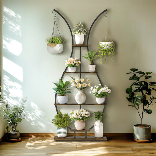 Vase Shape Tall Planter Display Rack Metal Garden Plant Stand with Five Tiers and Hangers