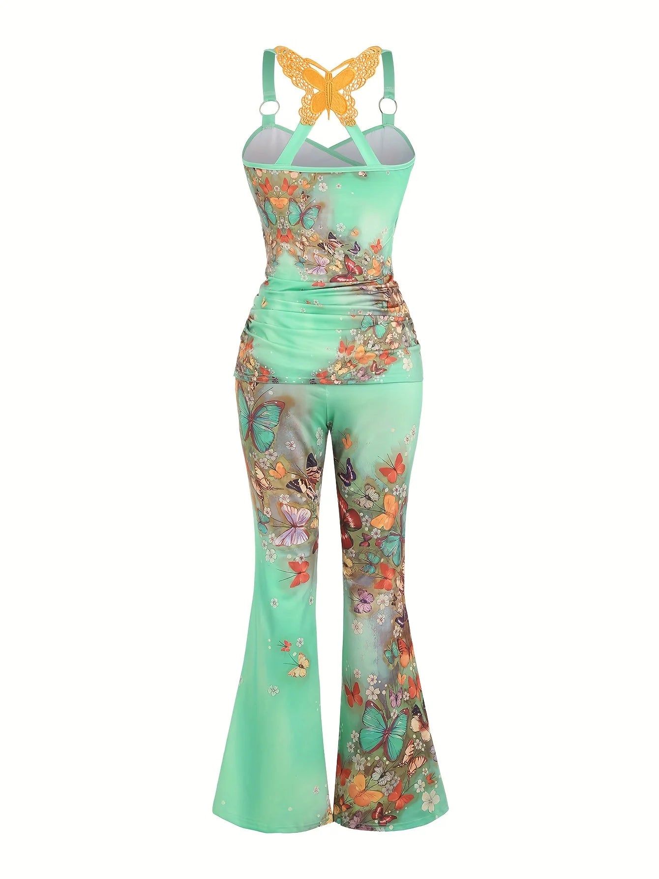 European and American Fashion New Butterfly Lace Cross Vest and Wide Leg Trousers Two Piece Suit