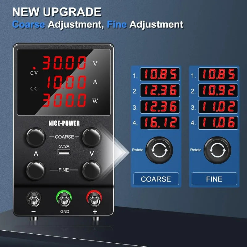 DC Power Supply Variable 30V 10A Adjustable Switching Regulated High Precision 4-Digits LED Display with 5V 2A USB Port