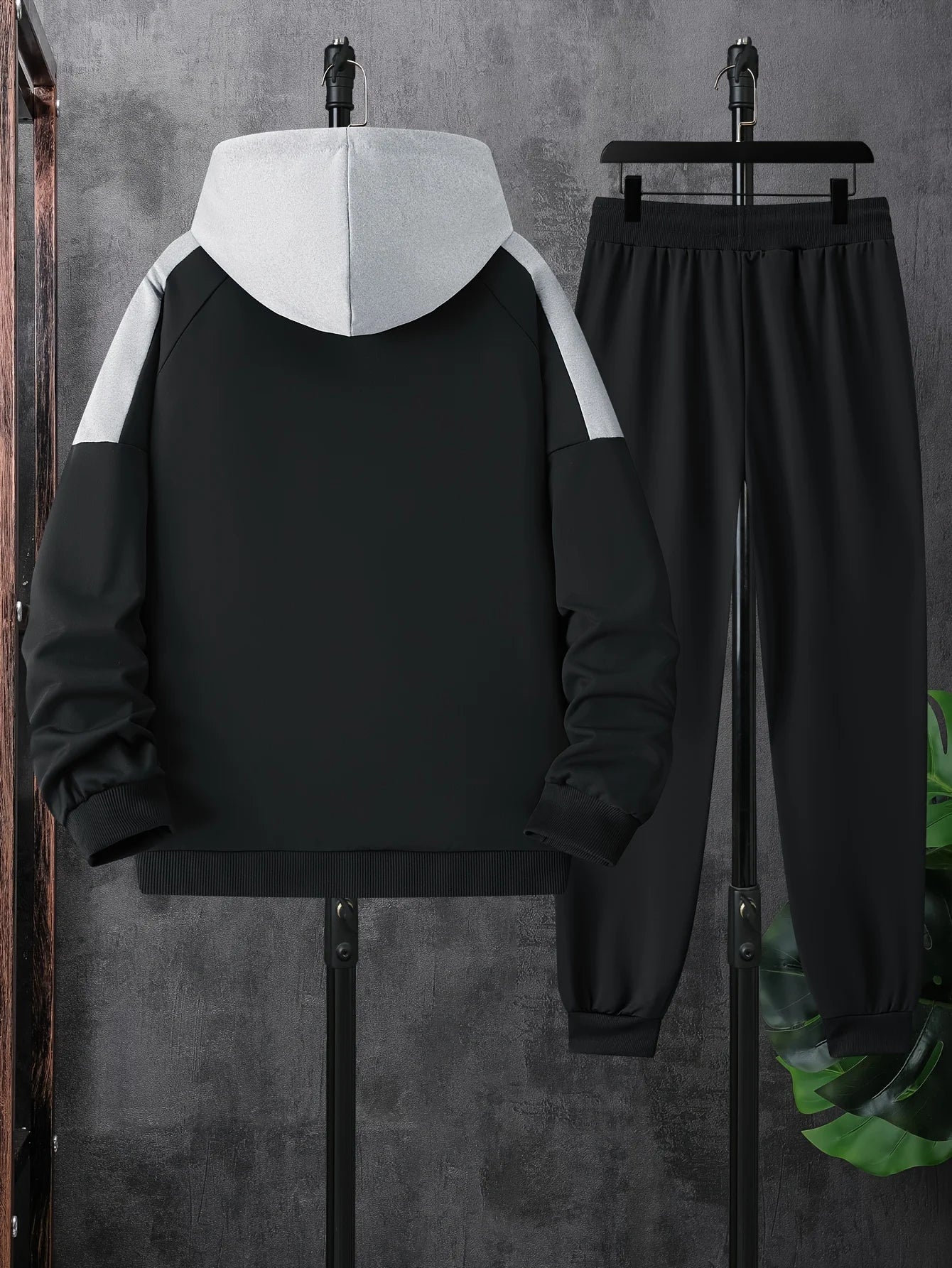 New men’s patchwork overcoat with hood set, two-piece outfit.