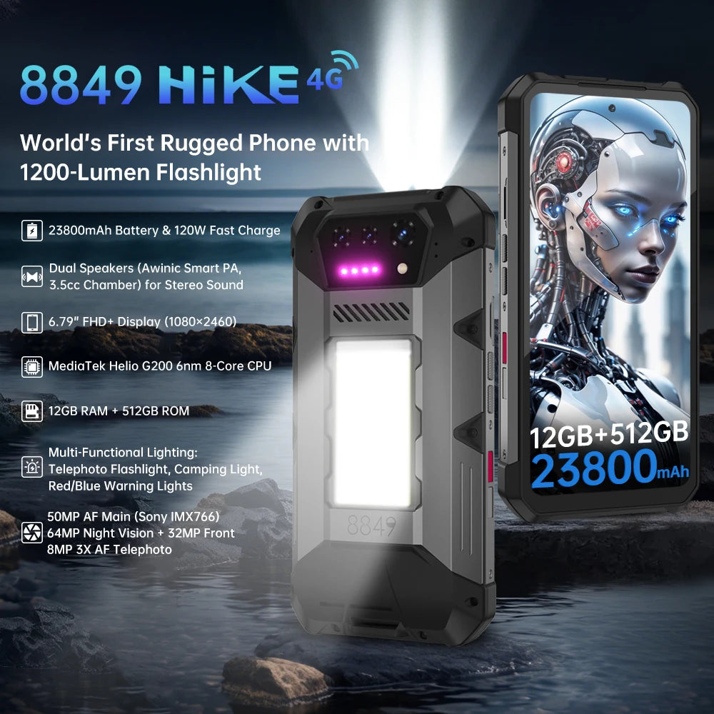 8849 Hike Unihertz Rugged Smartphone 23800mAh 24GB+512GB Expandable 2TB 1200Lumen Flashlight Android14 Two Speakers 6.79'' 120Hz