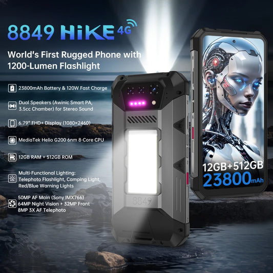 8849 Hike Unihertz Rugged Smartphone 23800mAh 24GB+512GB Expandable 2TB 1200Lumen Flashlight Android14 Two Speakers 6.79'' 120Hz