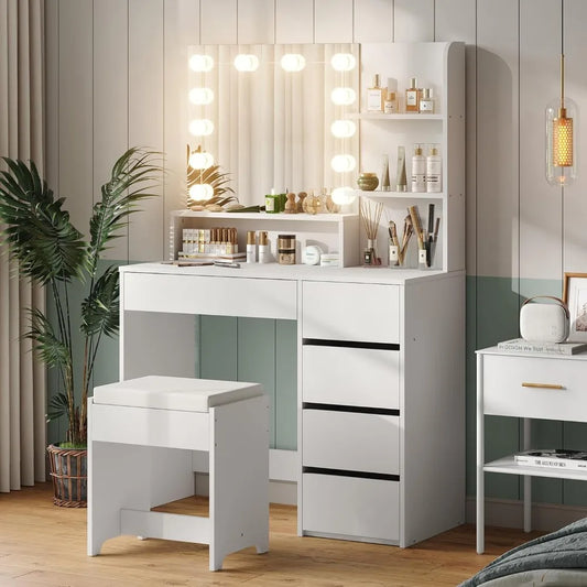 37 Inch White Vanity Desk with Lights and Adjustable Brightness Vanity Mirror Set with 5 Drawers for Bedroom
