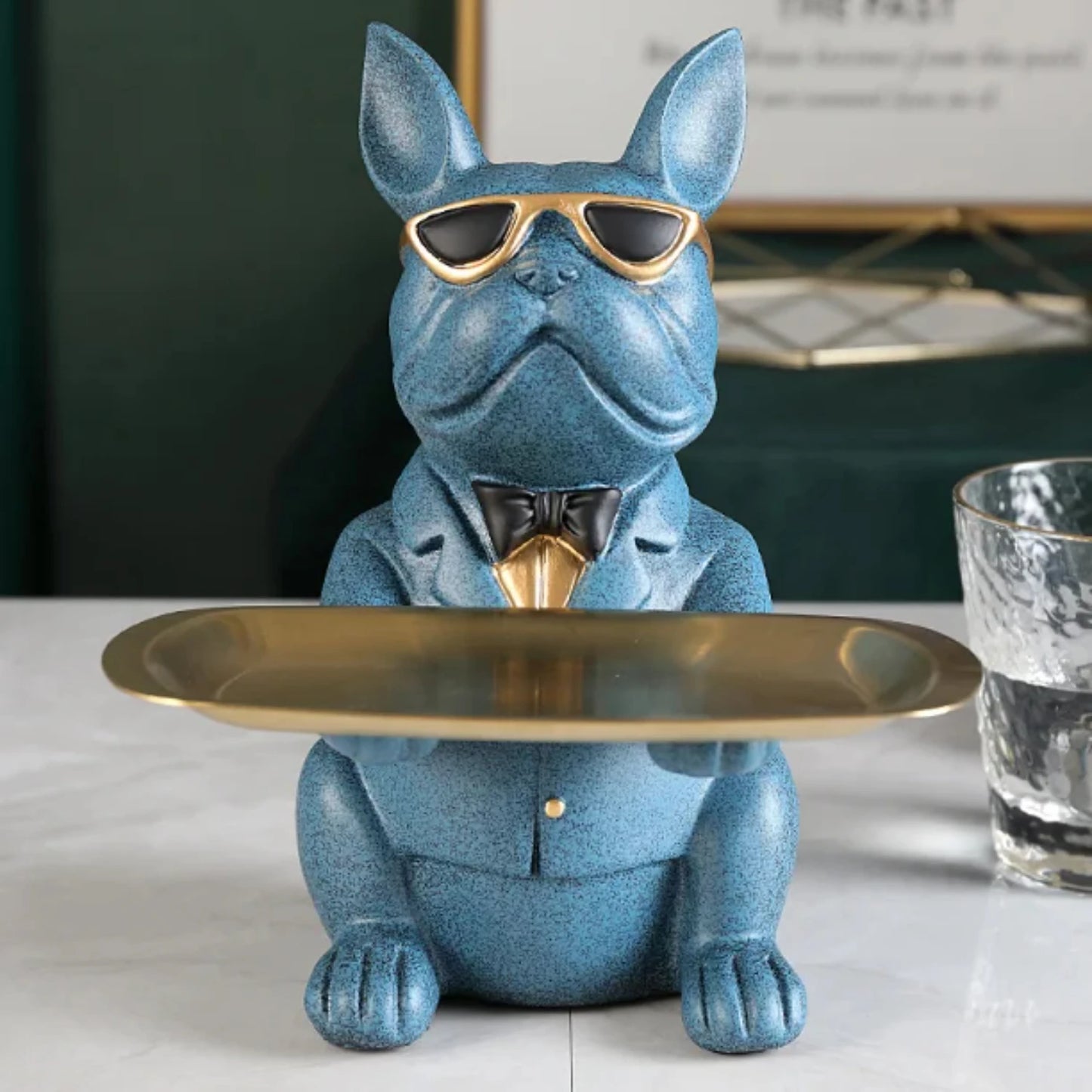 Nordic French Bulldog Sculpture Dog Figurine Statue Key Jewelry Storage Table Decoration Gift With Plate Glasses