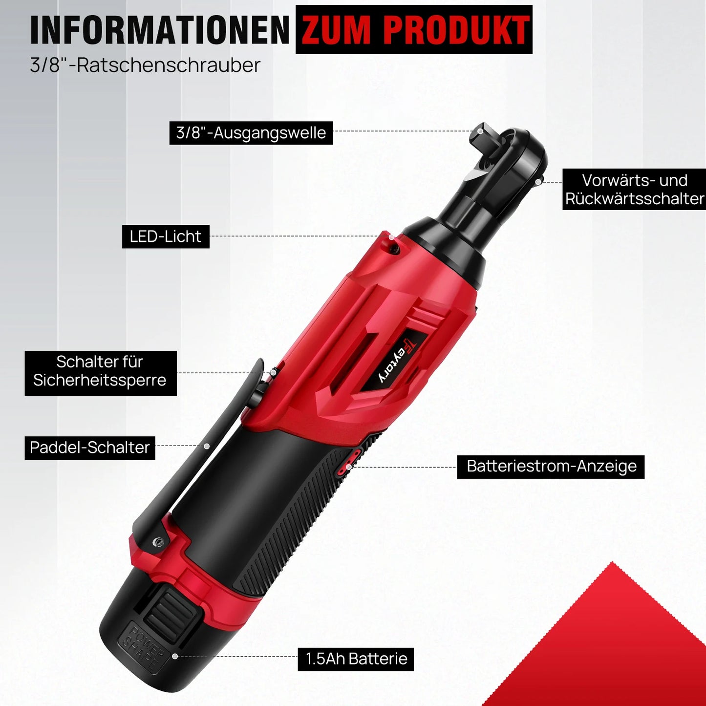 Feytory 200Nm High Torque 90 Degree Cordless Ratchet Wrench Set 3/8 Inch Angle Wrench with 2 Durable 1500mAh Lithium Ion Batteries and 7 Piece Socket Set