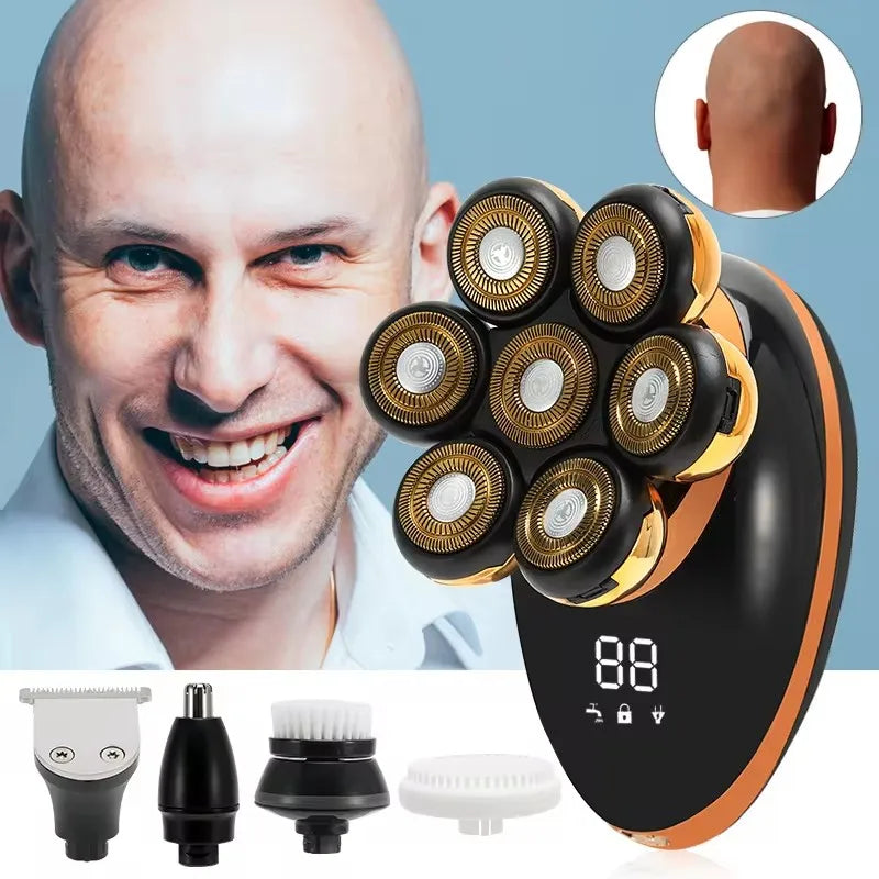 Men 7D Floating Electric Shaver Wet Dry Beard Hair Trimmer Rechargeable Bald Head Razor with LCD Display