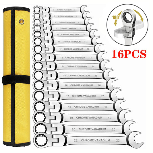 Ratcheting Combination Wrench Set 6-23mm Metric Flex Head Ratcheting Wrench Chrome Vanadium Steel Spanner with Bag