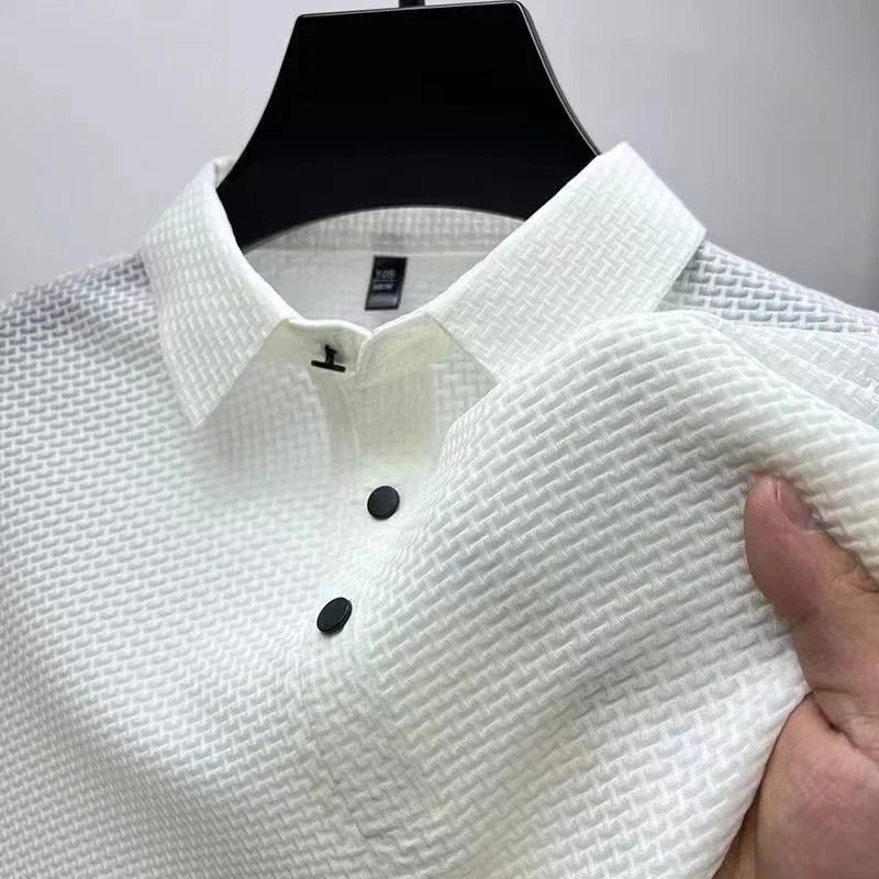 New Men's Business Casual Short Sleeve Bone Flower Solid Color Polo Shirt Breathable Comfortable Summer Versatile Top