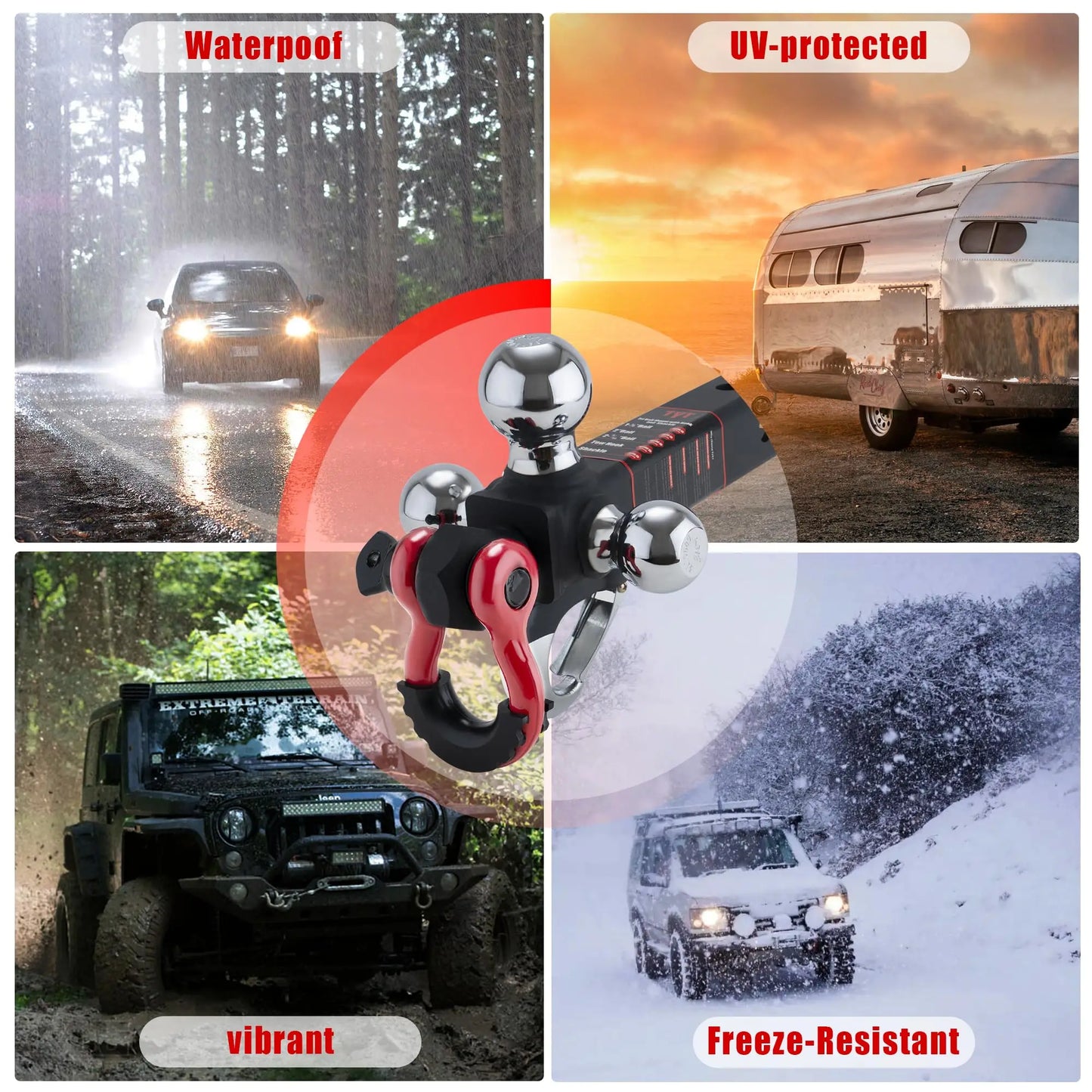 TYT Tri Ball Hitch Mount 2 Inch Receiver with 1 7/8 Inch 2 Inch 2 5/16 Inch Balls Tow Hook and Clevis Shackle with Locks Black