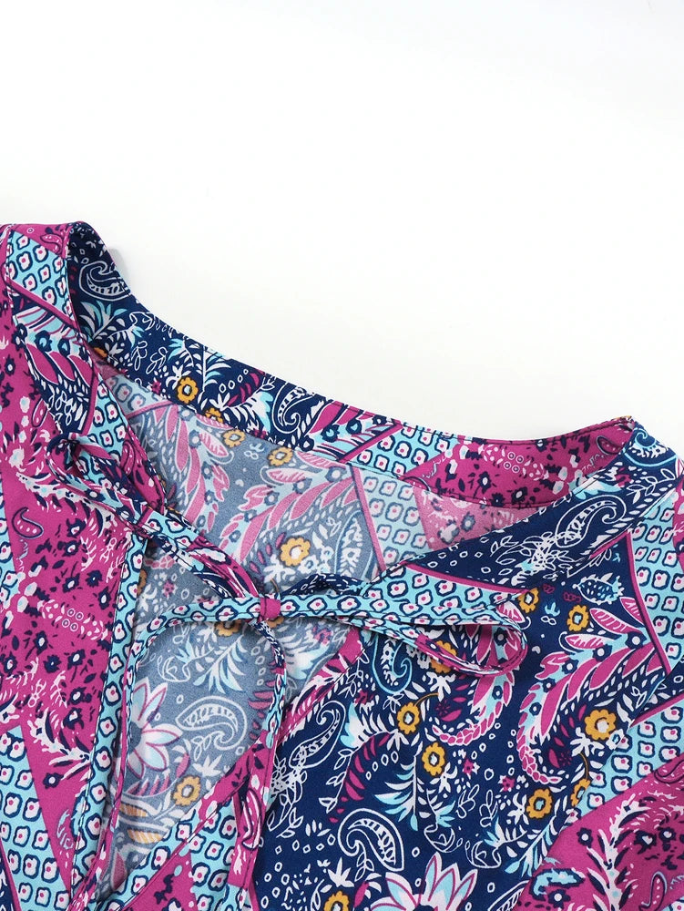 Plus Size 2025 New Women's V Neck Purple Casual Printed Dress Long Loose Fit Polyester Long Sleeve Pullover