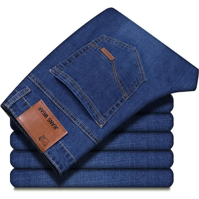 2025 Men's Fashion Business Jeans Classic Style Casual Stretch Slim Fit Denim Trousers Black Blue