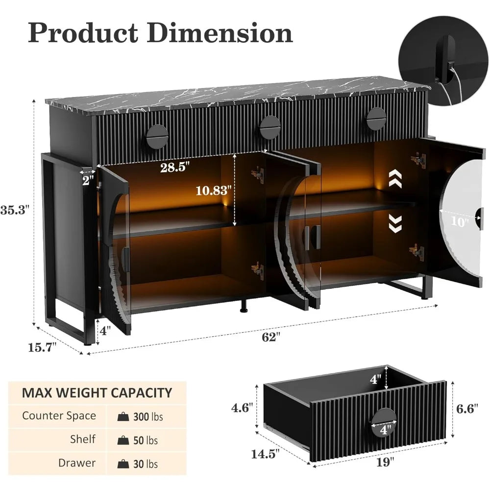 62" Fluted Sideboard Buffet Cabinet with LED Lights & Glass Doors, Faux Marble Top Console Table with 2 Adjustable Shelves