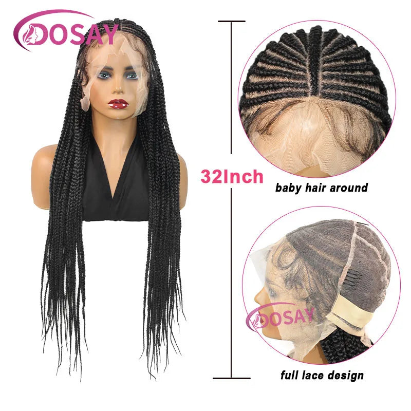 32" Synthetic Braided Wigs For Women Full Lace Front Wig Cornrow Braid Lace Wig Braiding Hair Middle Part Wig Daily Use