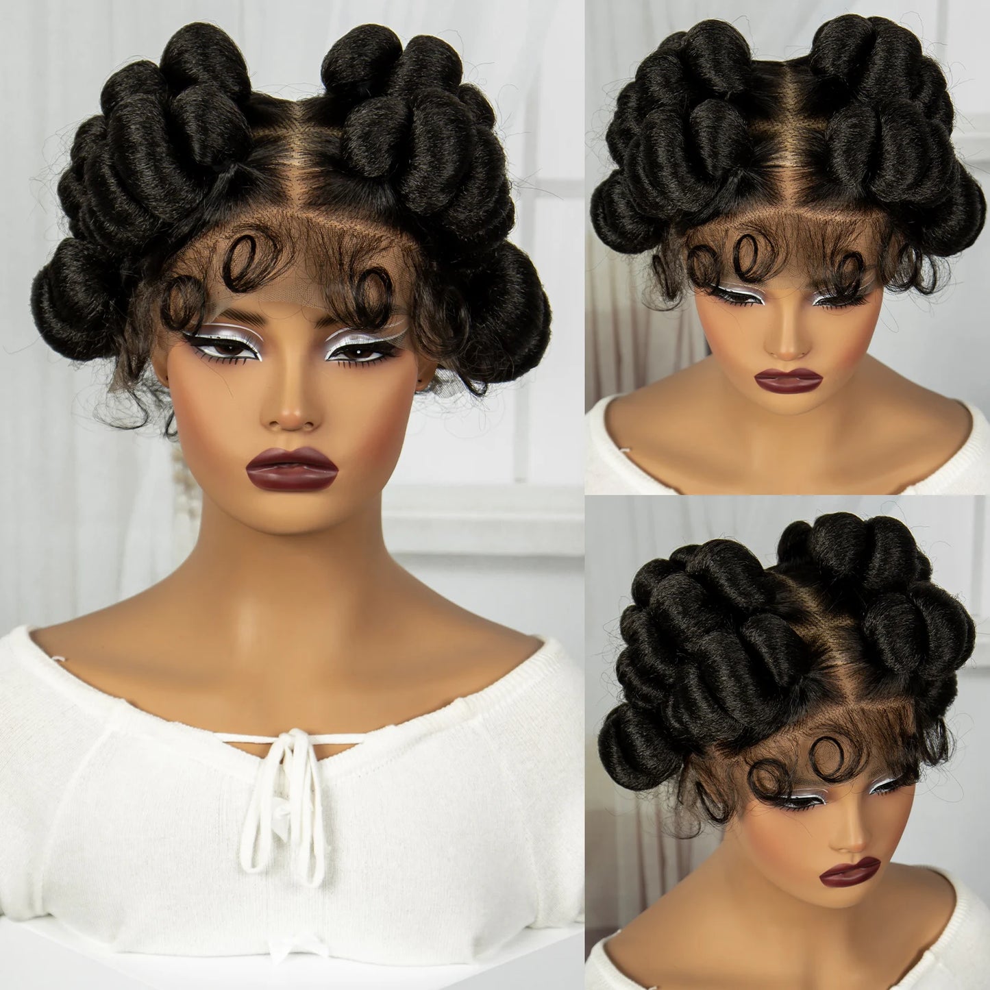 Natural Color 6 Inch Transparent Full Lace Braided Wigs Short Cute Handmade Bantu Synthetic Braided Lace Wig