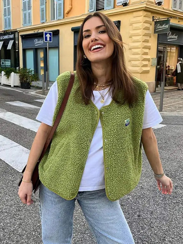 Fashion Casual Single Breasted Lamb Vest For Women Sleeveless Pockets O Neck Top 2025 Lady Spring Wool Blended Coat