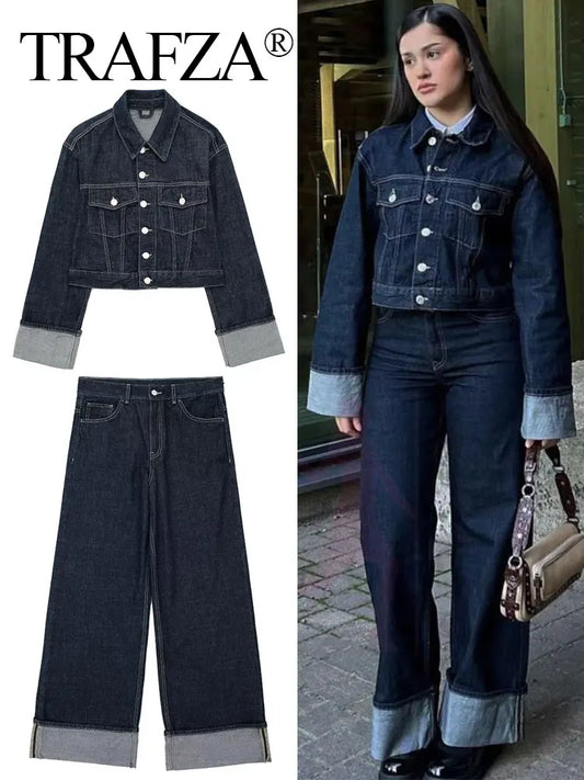 Trafa Women Vintage Denim Jacket and Pant Set Single Breasted Lapel Long Sleeve Coat Wide Leg Trousers High Street Outfit