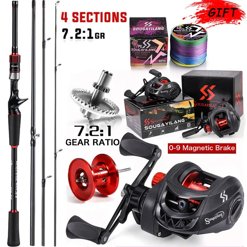Sougayilang Fishing Rod Reel Combo 1.8 to 2.1 Meter Carbon Fiber Casting Rod and 7.2 to 1 Gear Ratio Baitcasting Reel Max Drag 10 Kilograms for Bass Fishing