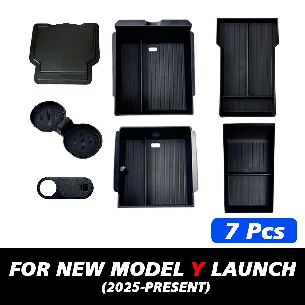 Console And Armrest Storage Box For Tesla New Model Y 2025 Juniper ABS With Silicone Non Slip Mat And Water Cup Holder