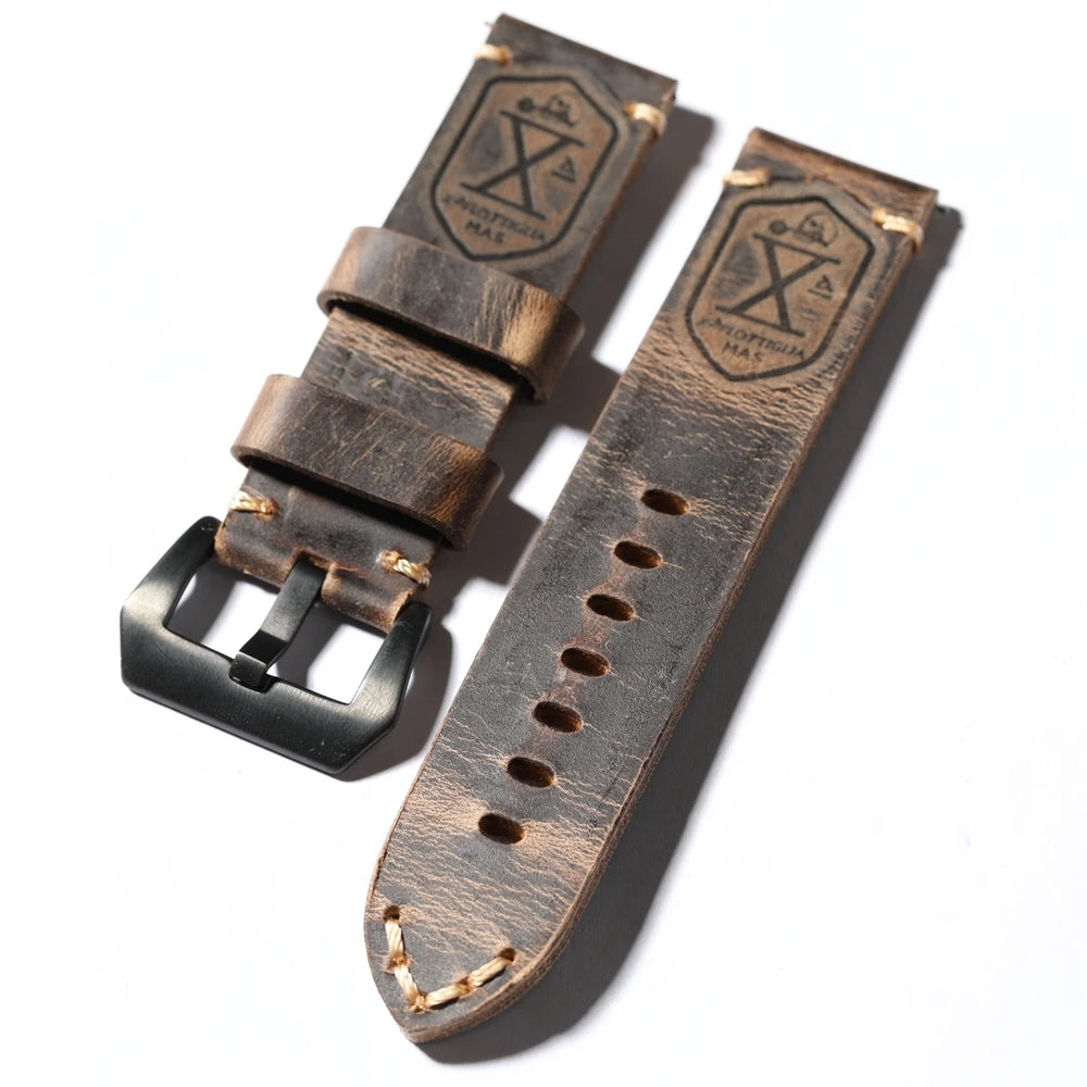 Handmade head layer cowhide leather strap, 20MM 21MM 22MM 23MM 24MM 26MM thickened genuine leather strap vintage folded without