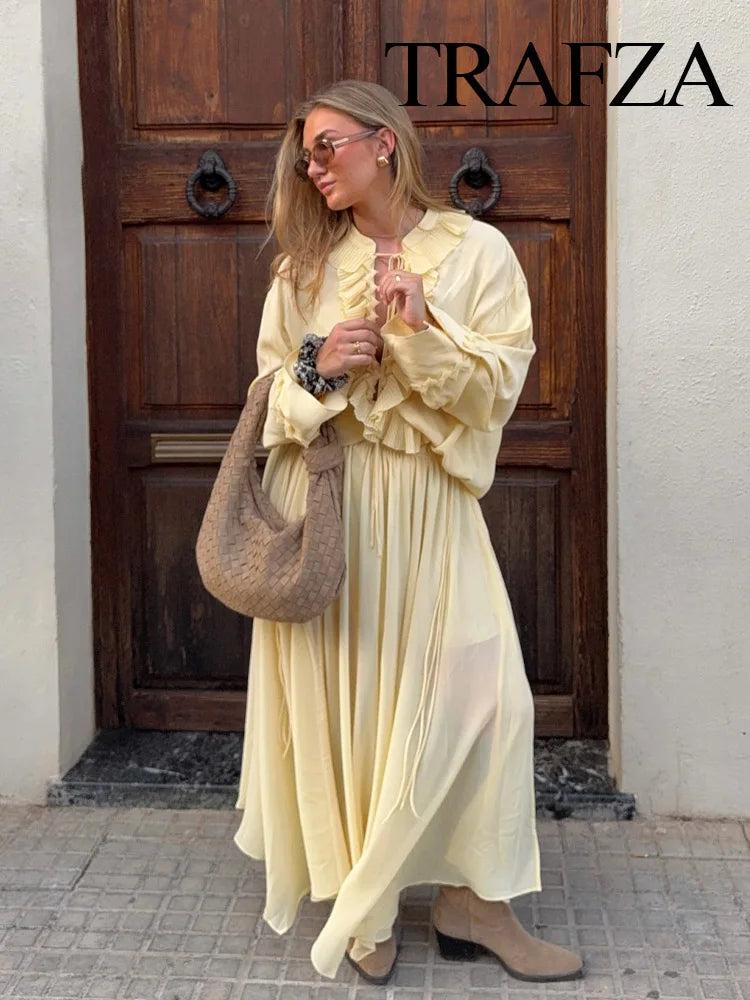 TRAFZA Women Elegant Skirt Suit Long Sleeve Lace Loose Shirt and Zipper Pleated Casual Long Skirt Set