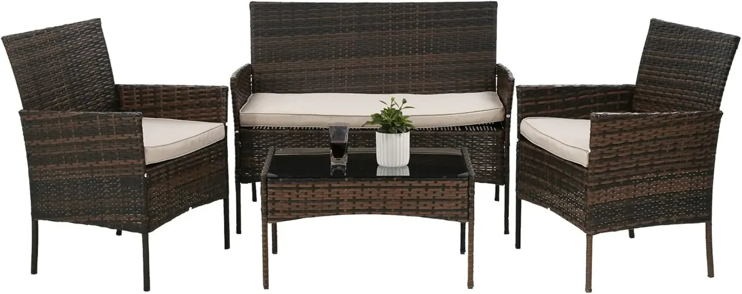 4 Pieces Patio Furniture Set Rattan Wicker Sofa Garden Conversation Set with Soft Cushions and Glass Table