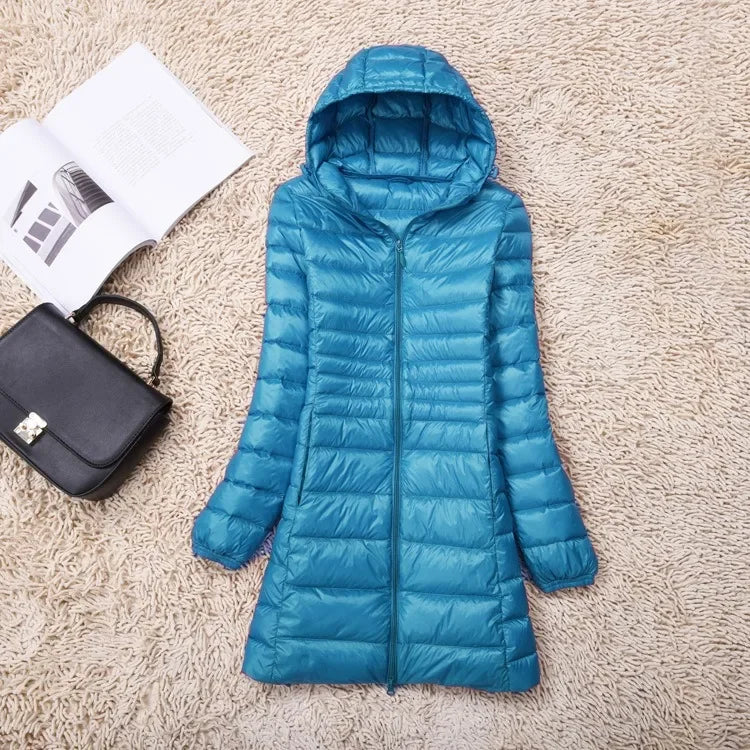 Plus Size White Duck Down Jacket Lightweight Down Coat for Women Hooded Long Winter Wear