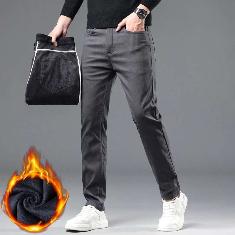 Winter New 2025 Fleece Pants Men's Thick Slim Elastic Business Casual Velvet Pants Warm Fashion Solid Color Plush Trousers Male