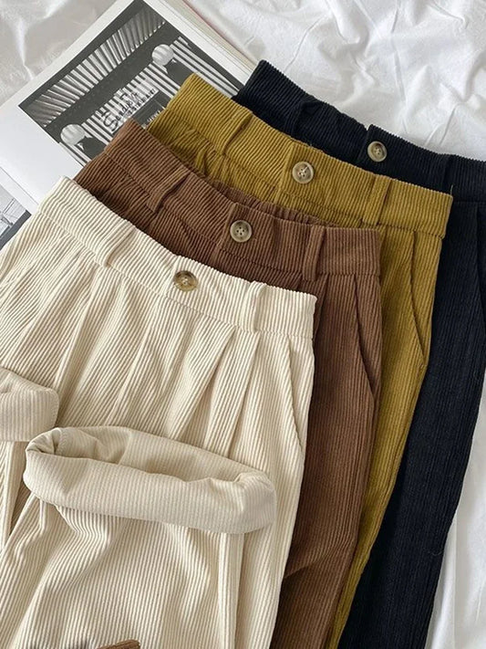 Vintage High Waist Corduroy Pants for Women Spring Fall Straight Casual Full Length Trousers Korean Fashion Black All Match