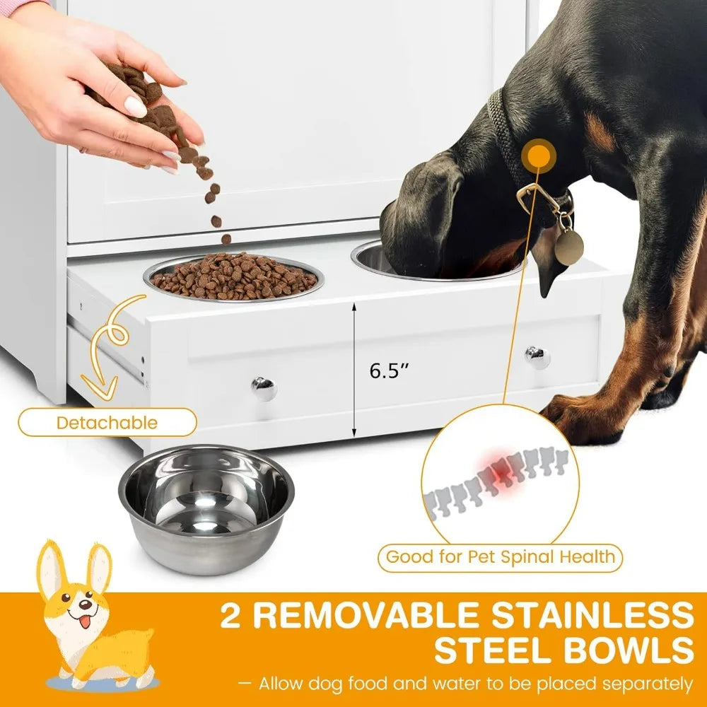 Pet Feeder Station, Dog Food Storage Container with Double Pull Out Dog Bowls, Pet Food Toy Cabinet, Pet Feeding Furniture