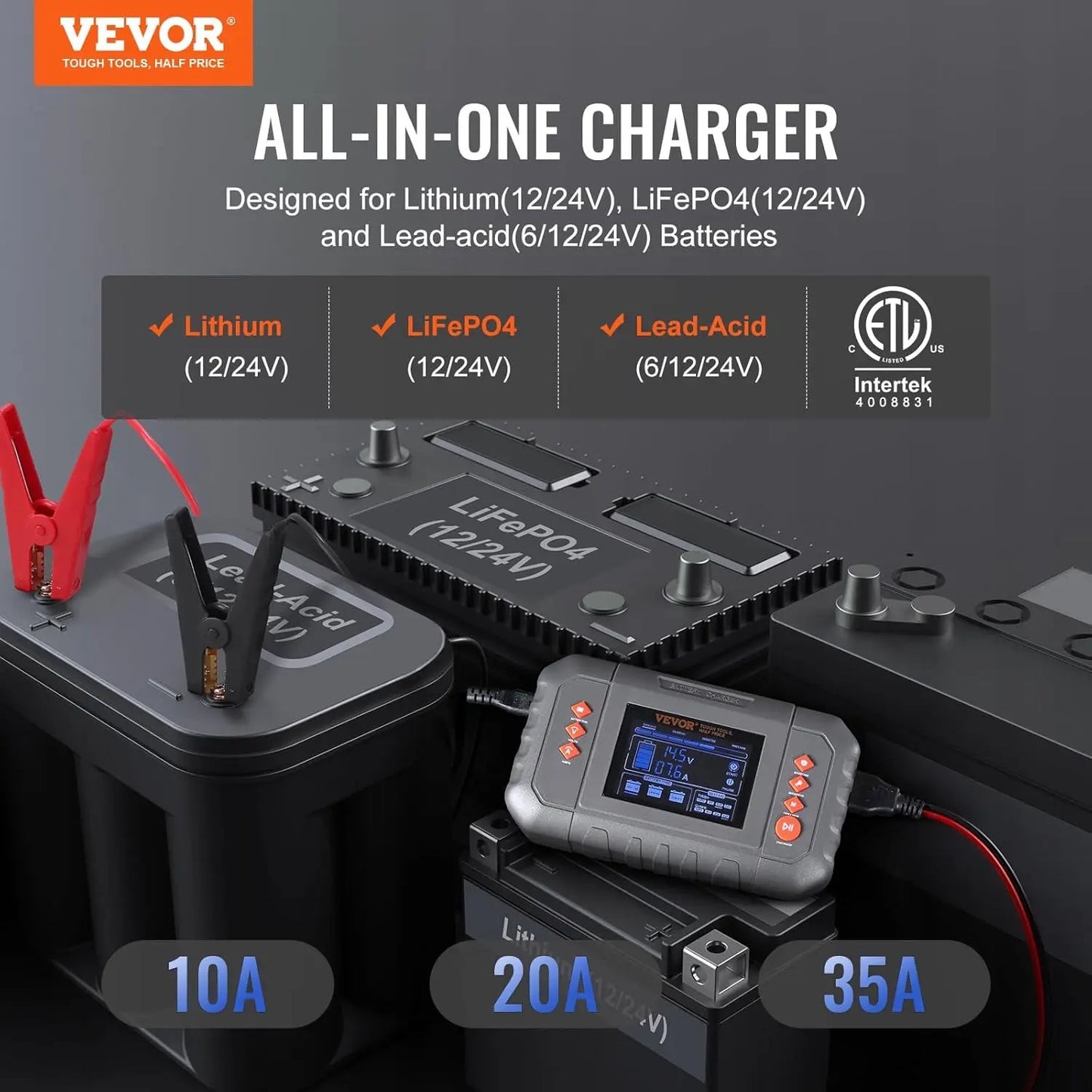 Smart Battery Charger 35 Amp Lithium LiFePO4 Lead Acid AGM Gel SLA Car Battery Charger with LCD Display Trickle Charger Maintainer Desulfator for Boat Motorcycle Lawn Mower Deep Cycle