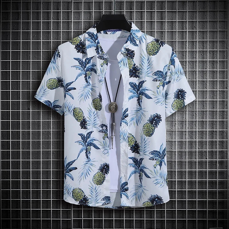 Men's Summer Short Sleeve Printed Beach Shirt Thin Turtle Neck Polo Casual Top