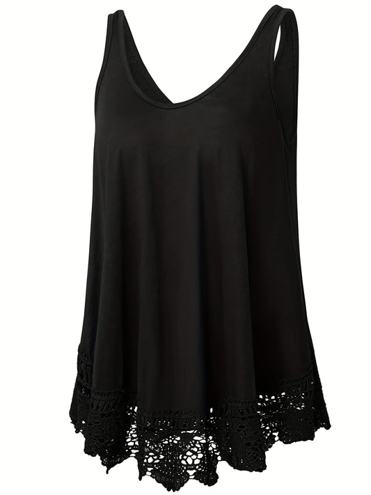 2025 Selected Style Black Sleeveless Top with Lace Patchwork Comfortable Round Neck Design for Women